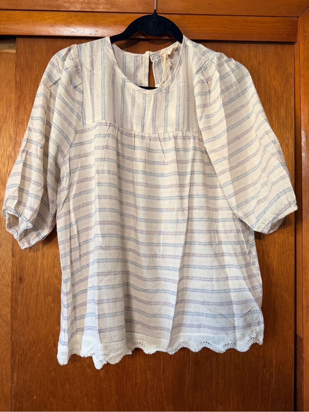 Hem & Thread Cream, Pink and Light Blue Striped Cotton Blouse